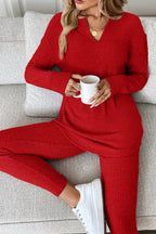 Ribbed Notched Neck Knit Long Sleeve Leggings Two Pieces Lounge Set