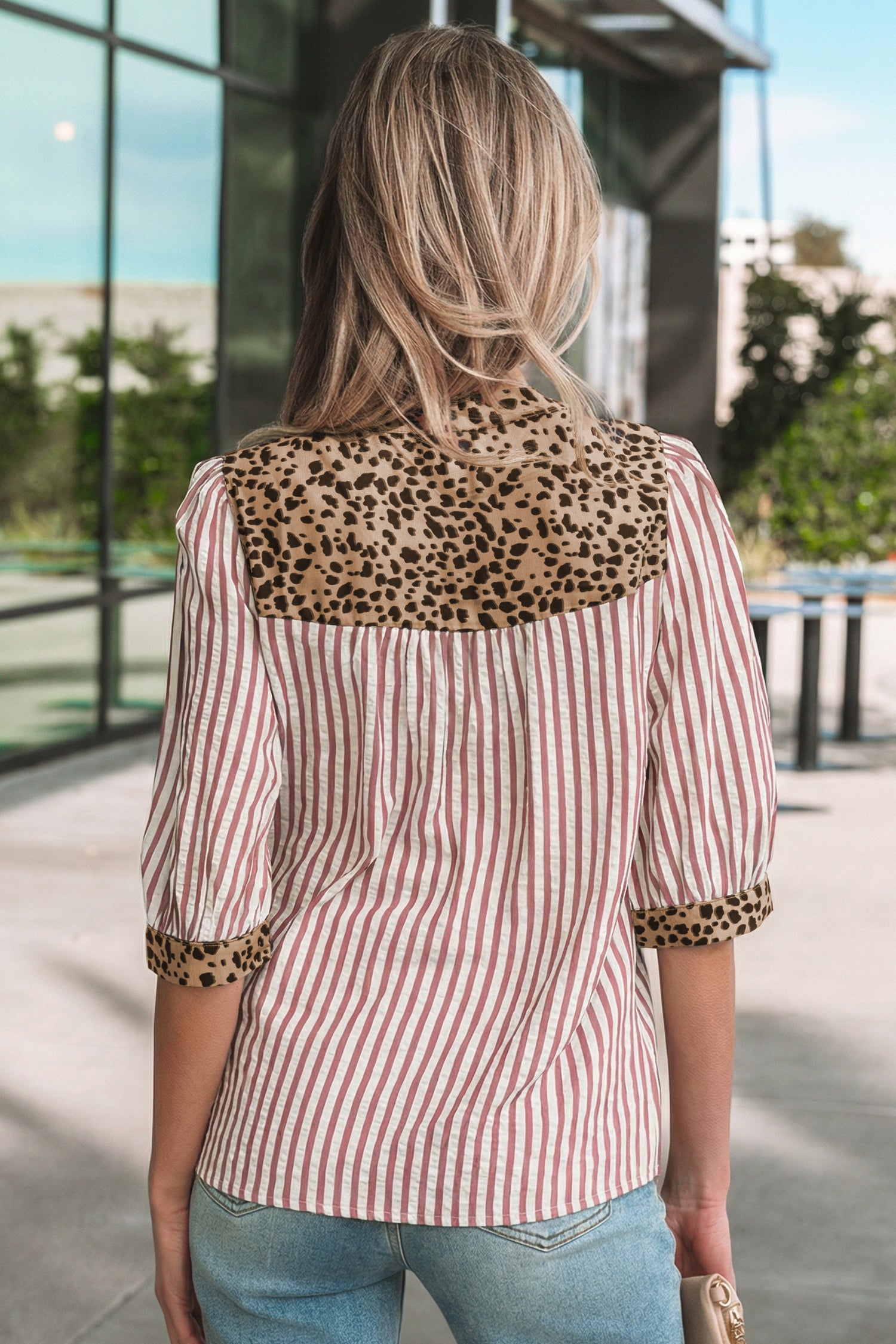 Leopard Trim V Neck Button Down Half Sleeve Shirt