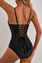 Black Thin Strap Strappy Lace-up Open Back One Piece Swimsuit