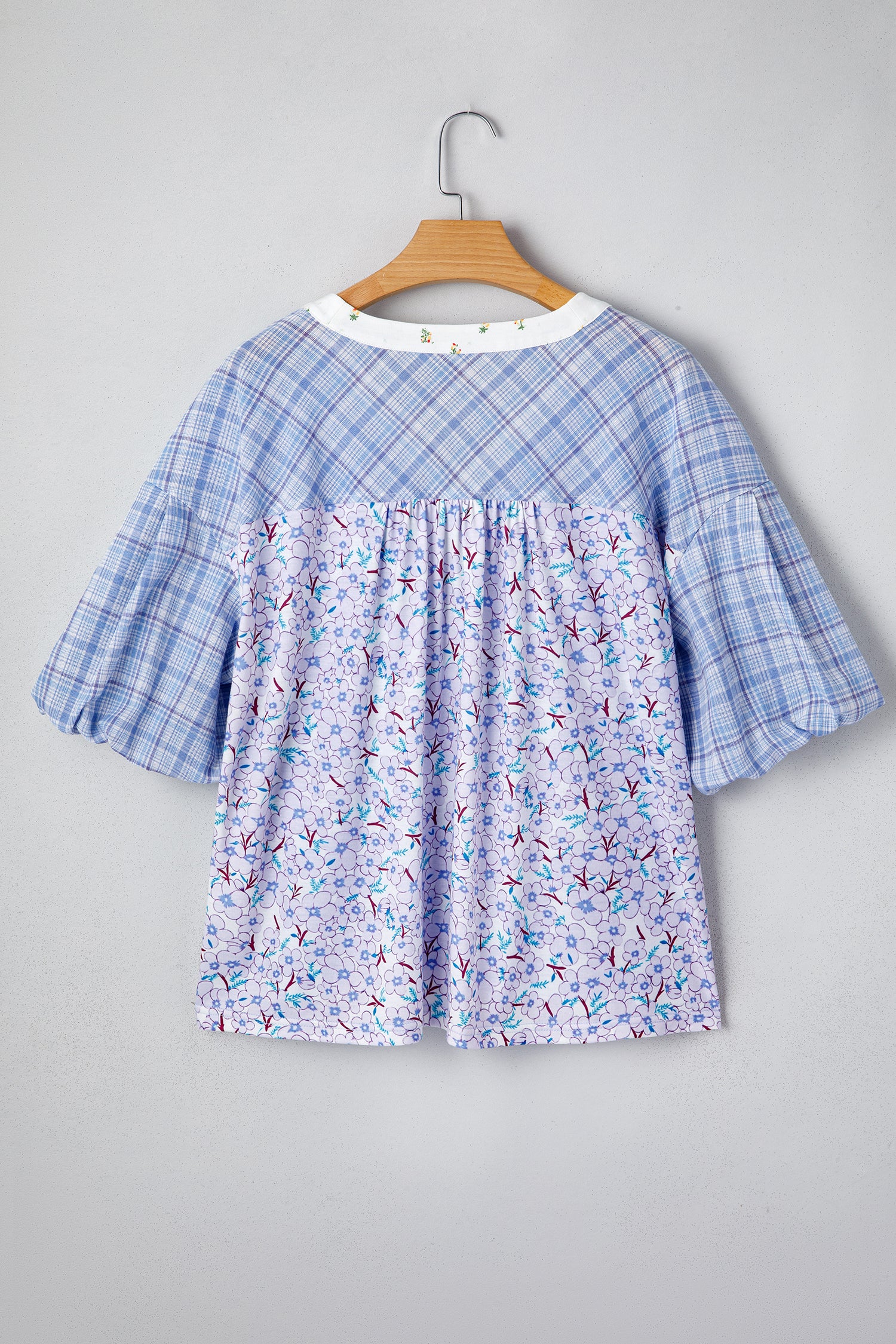 Beau Blue Color Block Plaid Bubble Sleeve Patchwork Blouse