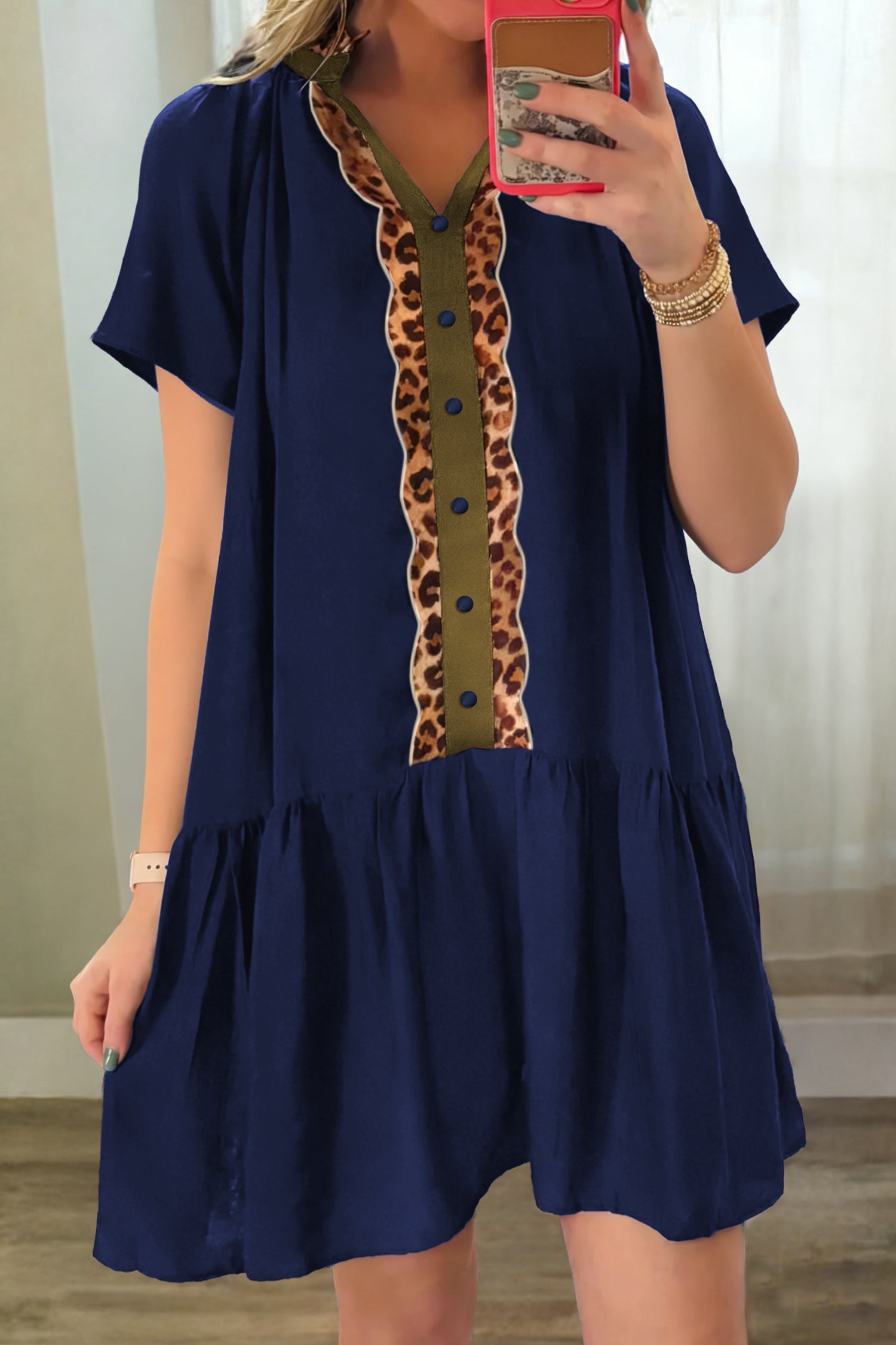 Navy Blue Button Detail Leopard Metallic Trim Short Sleeve Tunic Dress