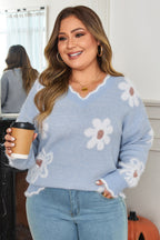 Gray Fuzzy Flower Scalloped V Neck Plus Size Sweater