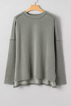 Twist Ribbed Exposed Seam Detail Long Sleeve Loose Top
