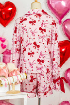 Red Bow Print Valentine Long Sleeve Shirt Shorts 2 Pcs Pajama Set