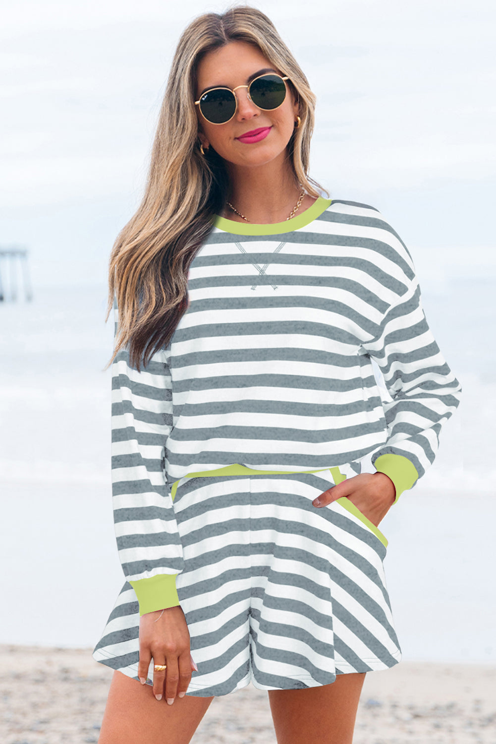 Gray Stripe Contrast Ribbed Banding Long Sleeve Blouse Loose Shorts Set