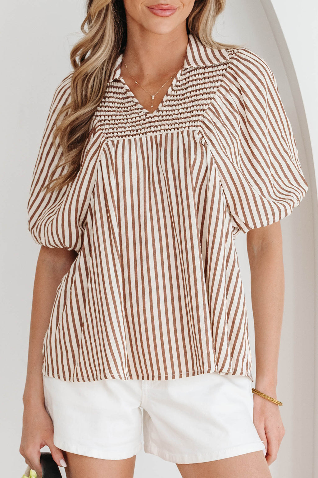 Brown Stripe Shirred V Neck Short Puff Sleeve Blouse