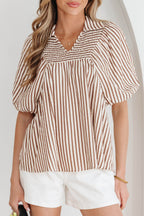 Brown Stripe Shirred V Neck Short Puff Sleeve Blouse