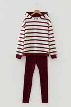 Red Stripe Pullover Hoodie Ribbed Solid Pants 2pcs Set Outfit