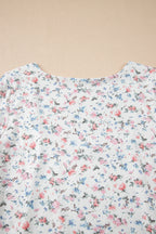 White Floral Print Textured Square Neck Slim Fit Long Sleeve Top