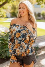 Blue Floral Off Shoulder Bell Sleeve Smocked Peplum Top