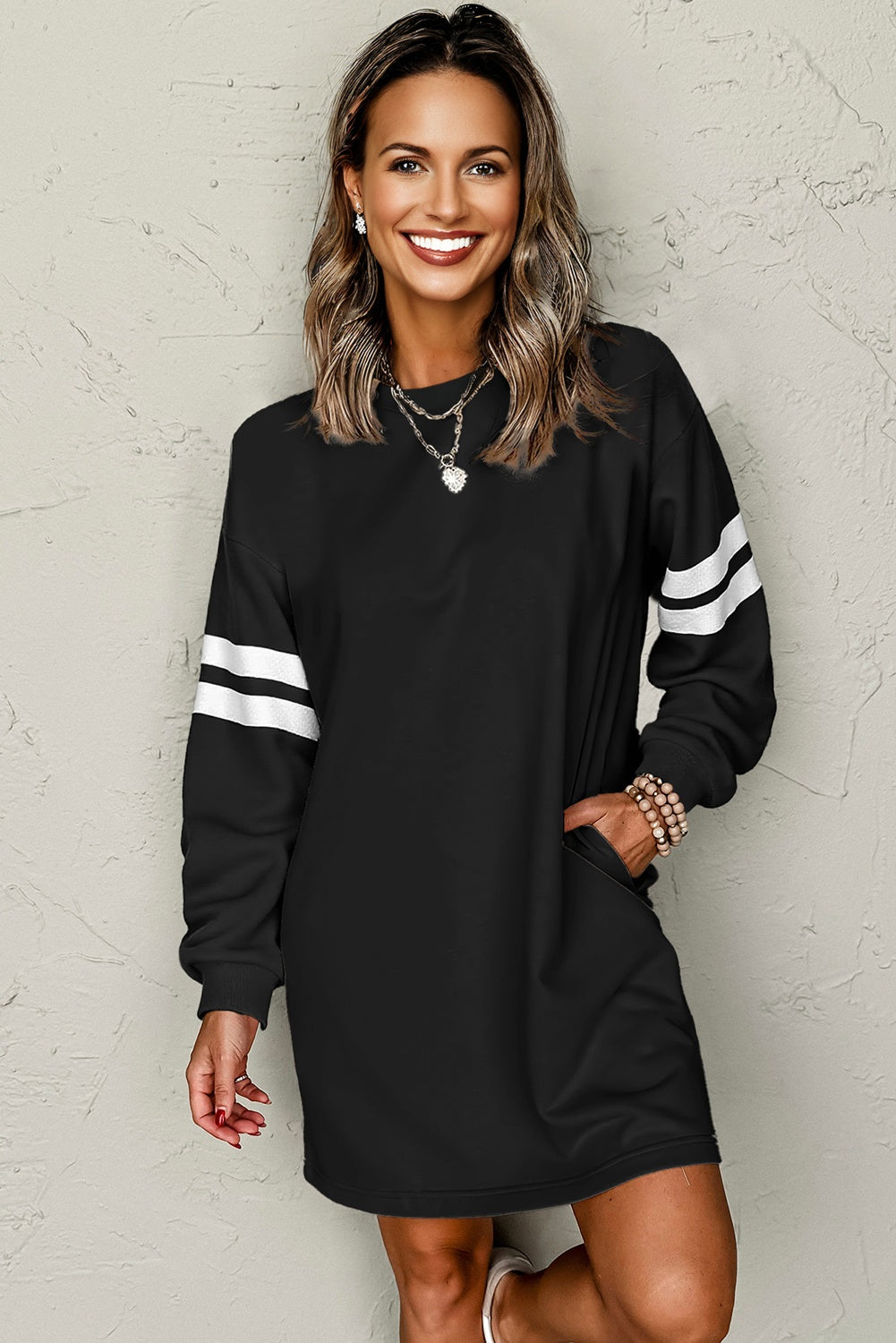 Sky Blue Varsity Contrast Banded Sleeve Shift Sweatshirt Dress