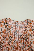 Black Floral Deep V Neck Smocked Bust Bubble Sleeve Babydoll Dress