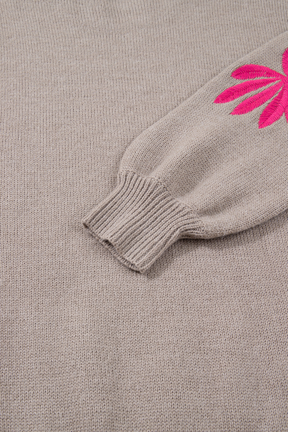 Beige Embroidered Floral Sleeve Round Neck Loose Sweater