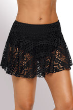 Black Solid Color Crochet Lace Skirted Bikini Bottom