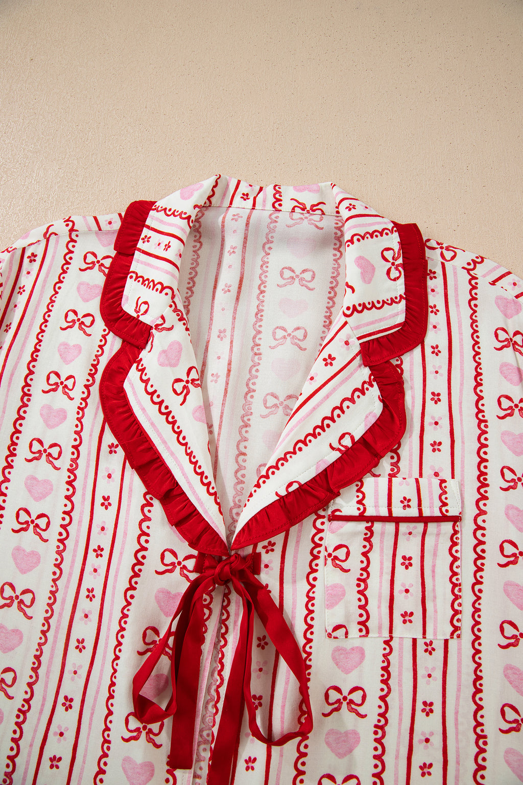 Red Sweet Floral Heart Bow Print Contrast Trim Long Sleeve Shirt Pyjama Short Set