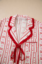 Red Sweet Floral Heart Bow Print Contrast Trim Long Sleeve Shirt Pyjama Short Set