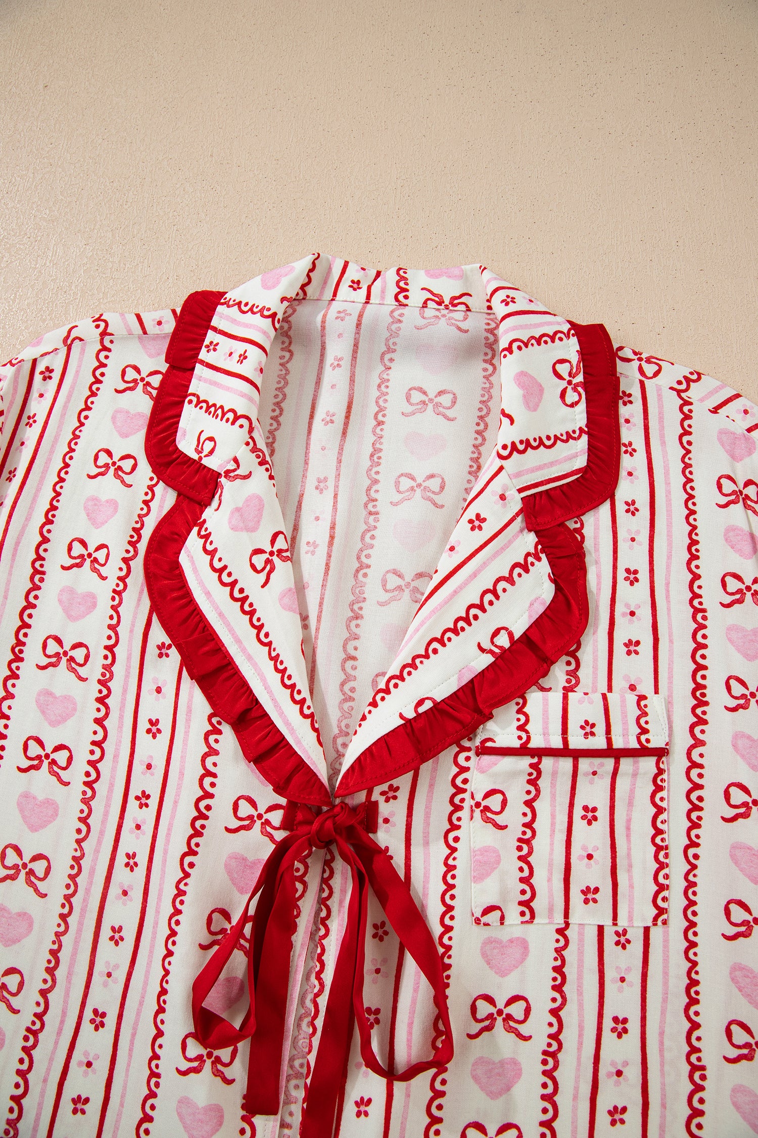 Red Sweet Floral Heart Bow Print Contrast Trim Long Sleeve Shirt Pyjama Short Set