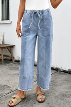 Beau Blue Drawstring Seam Detail Raw Hem Wide Leg Denim Pants