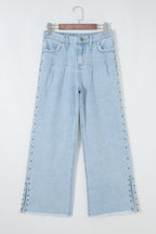 Beau Blue Studded Side Slit Leg Frayed Pocketed Wide Leg Jeans