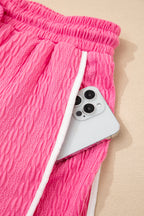 Bright Pink Textured Color Block Trim Loose Tee Drawstring Shorts 2pcs Set