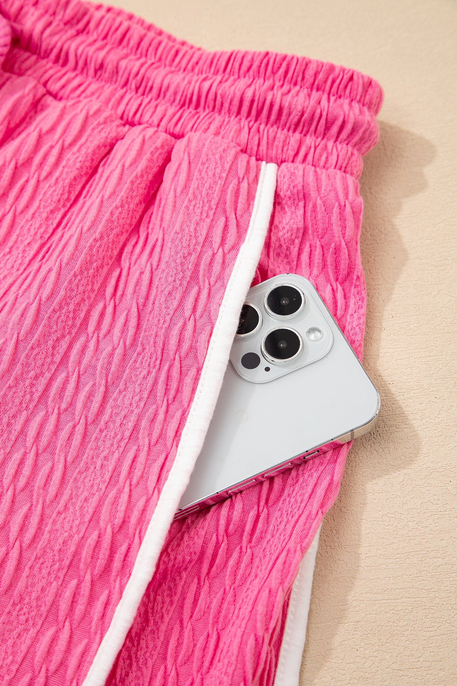 Bright Pink Textured Color Block Trim Loose Tee Drawstring Shorts 2pcs Set