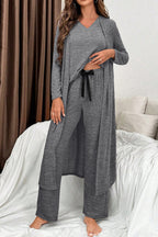 3pcs V Neck T Shirt Ribbon Knot Pants Open Duster 3pcs Lounge Set