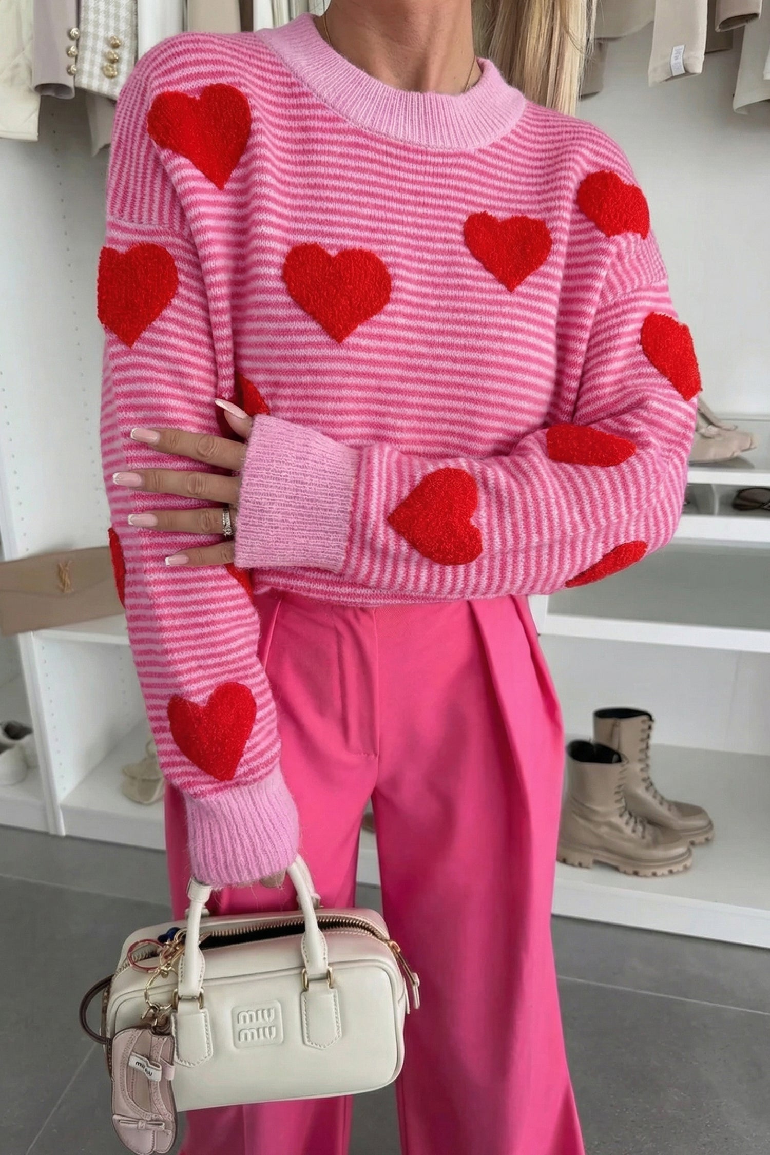 Stripe Contrast Heart Pattern Valentine Knit Sweater