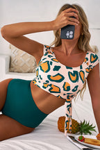 Green Leopard Print U Neck Knotted High Waist Bikini Set