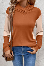 Gold Flame Contrast Color Ribbed Patchwork Crossed Pullover Neck Hoodie