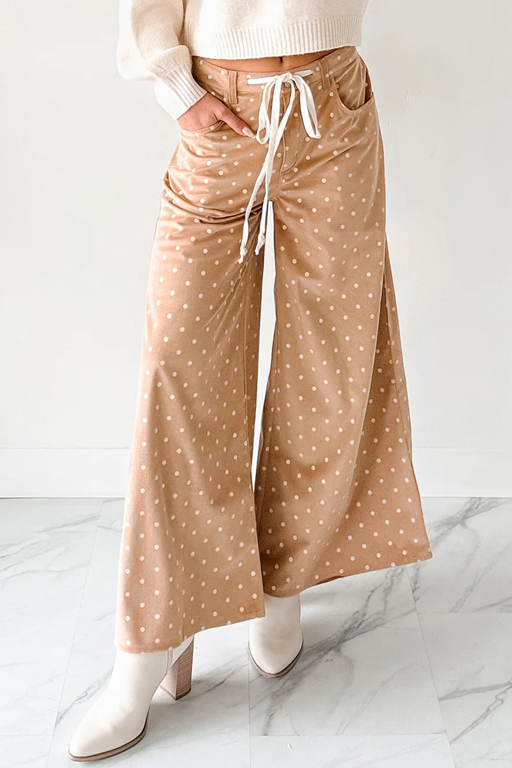 Khaki Polka Dot Print Drawstring Wide Leg Pants