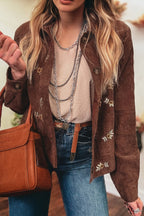 Coffee Floral Embroidered Collar Button Front Corduroy Jacket With Pocket