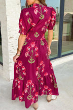 Red Floral Print Frilled V Neck Short Sleeve Ruffle Maxi Dress