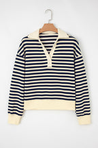Blue Stripe Collared V Neck Long Sleeve Casual Top