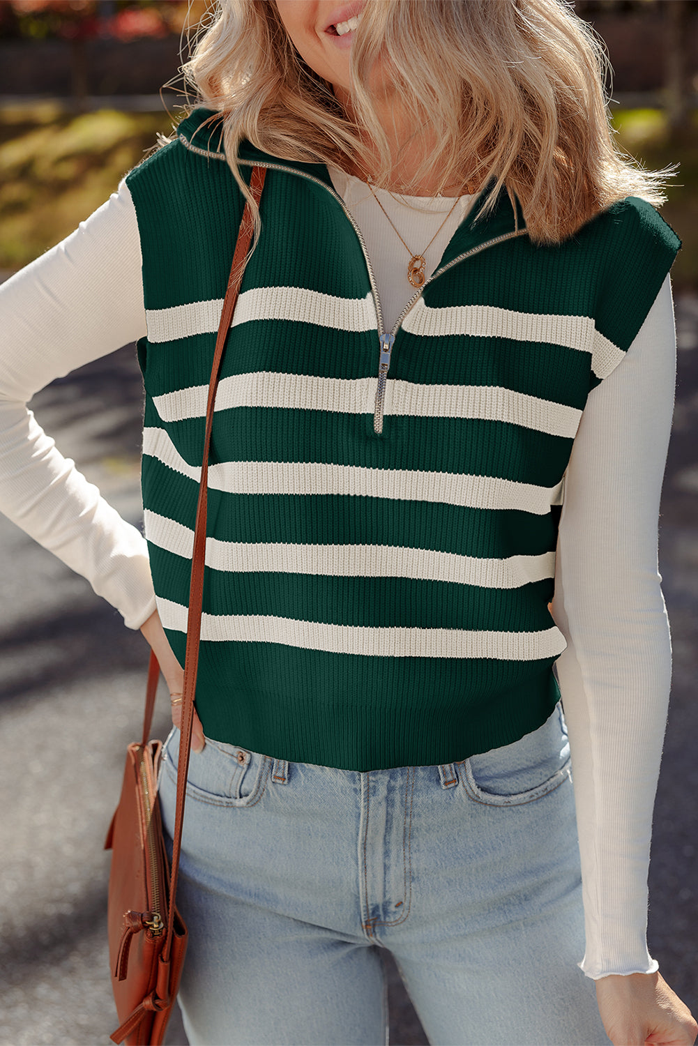 Ribbed Half Zip Collared Sweater Vest