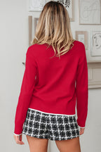 Fiery Red Contrast Trim Big Bow Accent Holiday Cropped Sweater