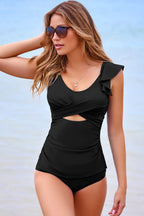 Black Solid Color Ruffle Detail Crossed Cutout Slim Tankini 2pcs Swimsuit