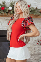 Plaid Pearl Ruffle Short Sleeve Loose T Shirt