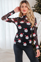 Black Christmas Fashion Print Slim Fit Long Sleeve Top