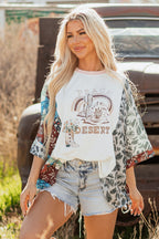 Multicolour Asymmetric Printed Patchwork Sleeve Peace Desert Graphic Top