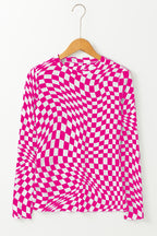 Checkered Pattern Mesh Mock Neck Long Sleeve Top