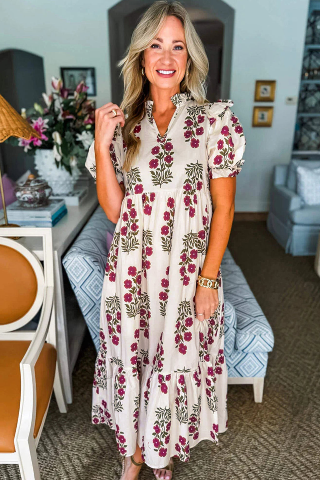 Floral Short Bubble Sleeve Tiered Maxi Dress