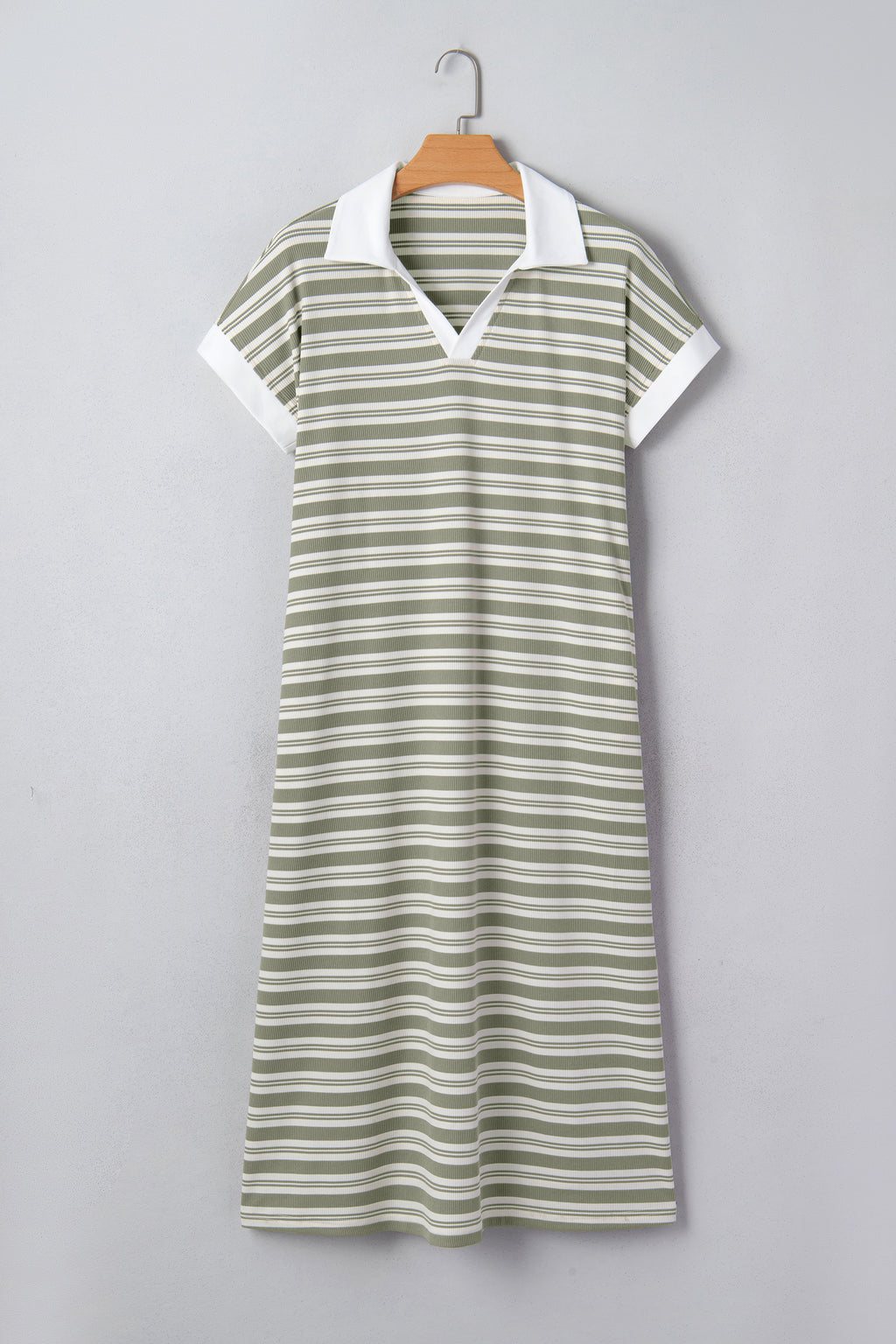 Green Stripe Collared V Neck Short Sleeve T Shirt Midi Dress with Pockets