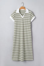 Green Stripe Collared V Neck Short Sleeve T Shirt Midi Dress with Pockets