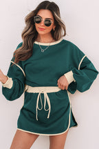 Color Contrast Loose Pullover and Lace-up Waist Skort Set