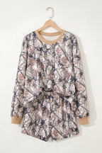Khaki Woodland Camo Print Long Sleeve Top Casual Short Set