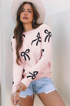 Light Pink Bow Pattern Knitted Loose Fit Sweater