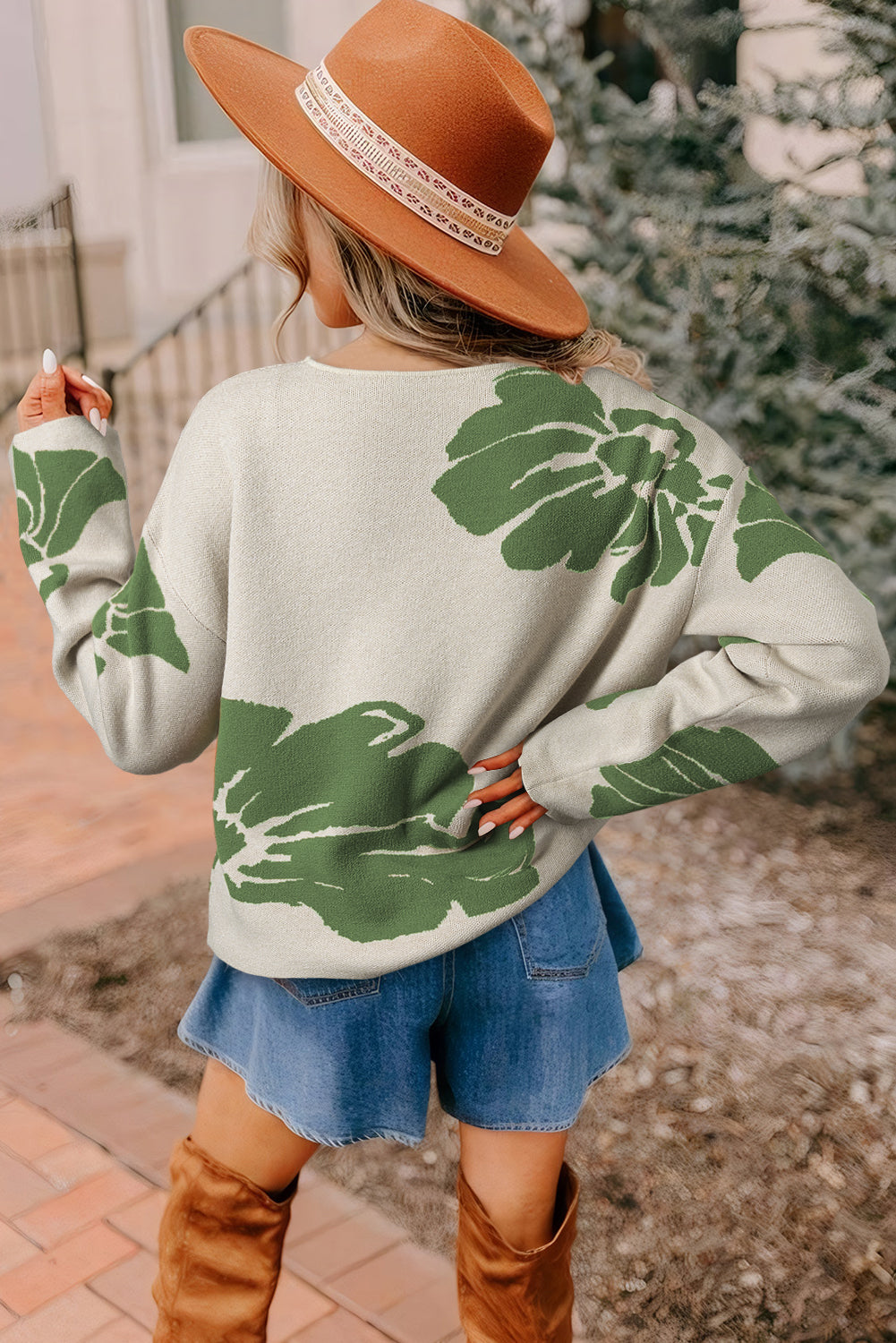 Bold Flower Pattern Wide Sleeve Baggy Sweater
