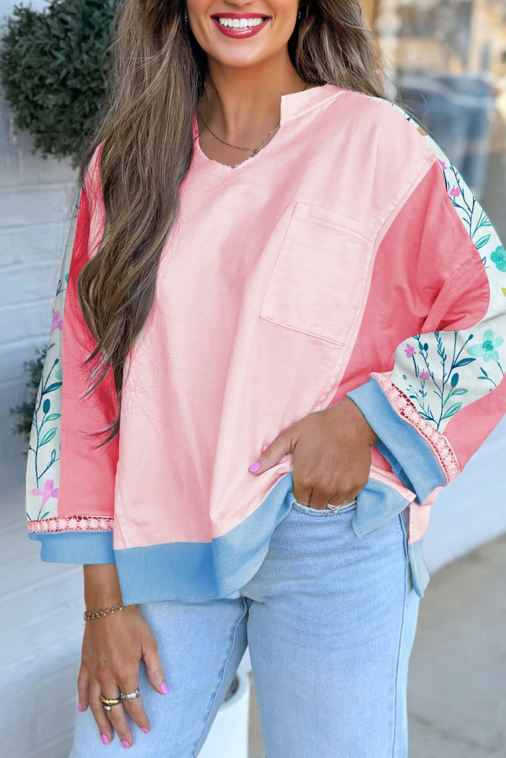 Floral Colorblock Patchwork Chest Pocket Notched Neck Long Sleeve Top