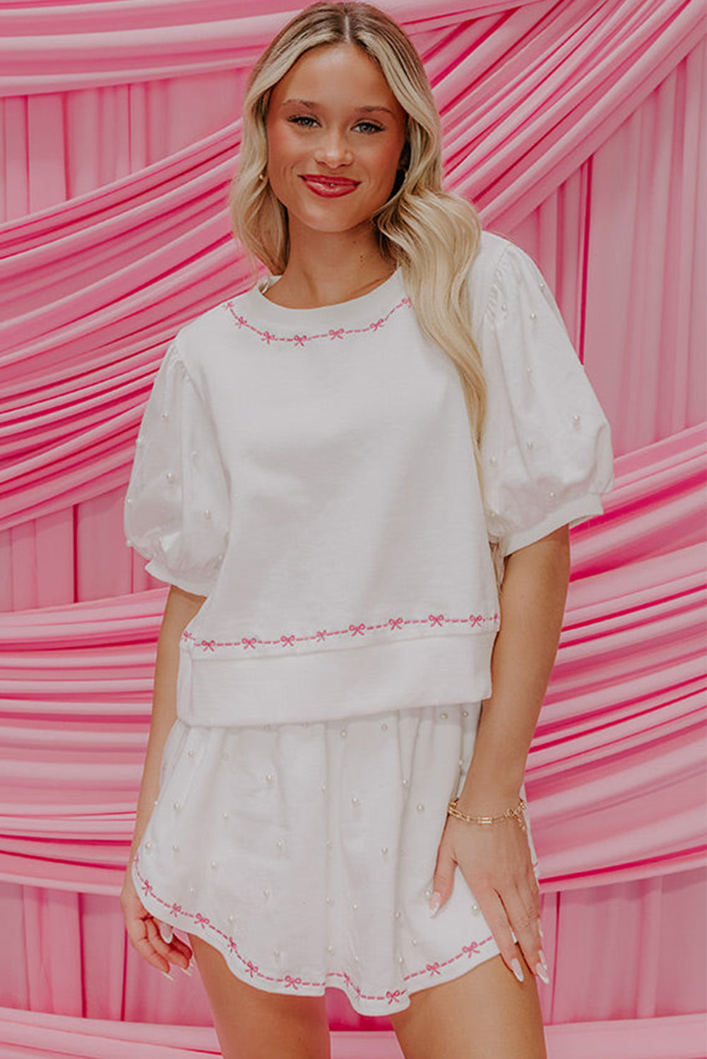 White Contrast Bow Trim Pearl Puff Sleeve Blouse and Skorts 2pcs Set