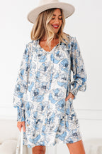 Sky Blue Floral Print Tie Neck Long Sleeve Flowy Mini Dress